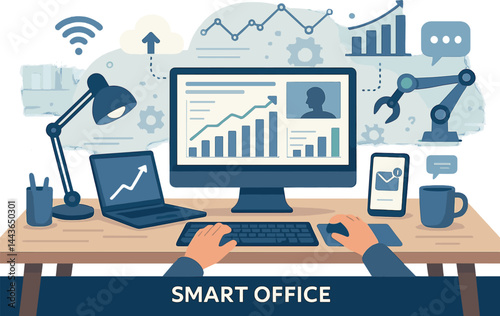 Smart office and digital tools. Vector illustration of modern workspace using technology. Suitable for hybrid work and automation themes.
