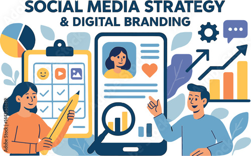 Social media strategy and digital branding. Vector illustration of content planning, analytics, and growth. Perfect for influencers and brand agencies.
