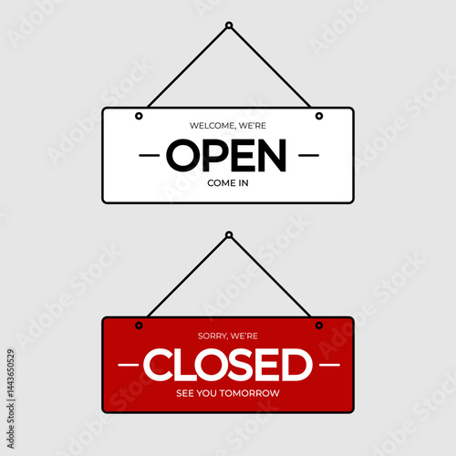 Minimalist rectangular hanging open and closed sign vector with black on white and white on red. Perfect for shops, restaurants, offices, or professional business storefront sign.
