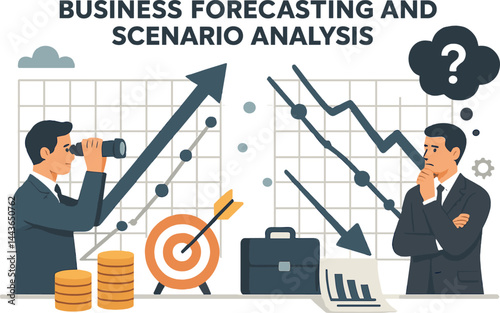 Business forecasting and scenario analysis. Vector illustration of data-driven predictions and outcomes. Suitable for risk management and finance.