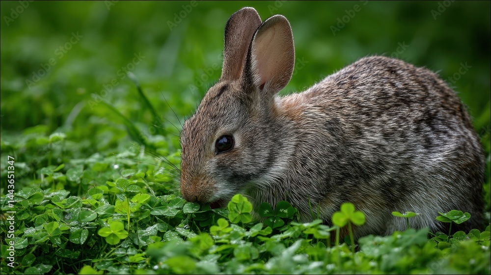 Fototapeta premium Eastern Cottontail Rabbit Grazing on Dew-Kissed Clover