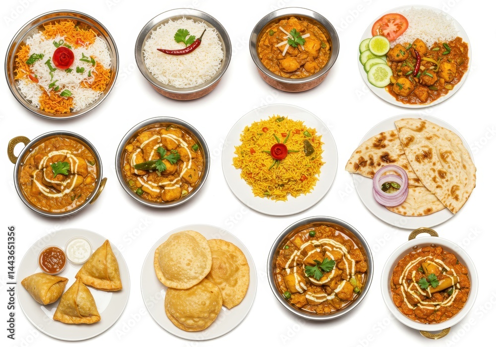 Overhead view of assorted indian dishes on white background Overhead view of assorted indian dishes on white background