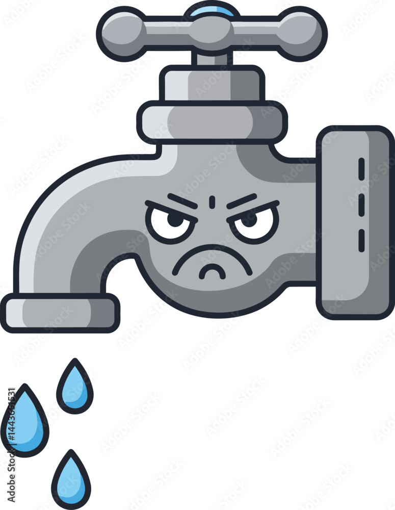 Fototapeta premium Angry Water Faucet with Dripping Drops Cartoon Style Vector Illustration for Plumbing Concepts and Water Conservation Designs