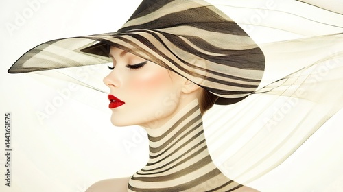 Elegant caucasian female in striped hat with bold red lips