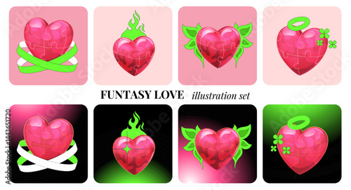 Set of illustrations of bright hearts icons in cartoon fantasy style. Vector design elements