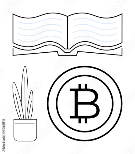 Open book representing learning, potted plant symbolizing growth, Bitcoin coin depicting finance. Ideal for education, finance, crypto, sustainability, investment modernity technology themes. Flat