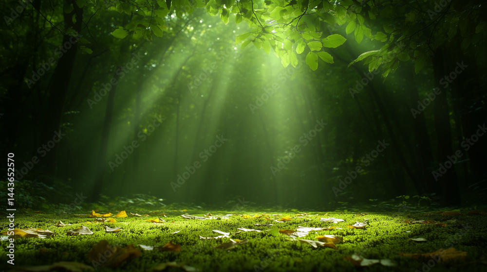 Obraz premium Sunlight rays filtering through green forest canopy onto clearing 