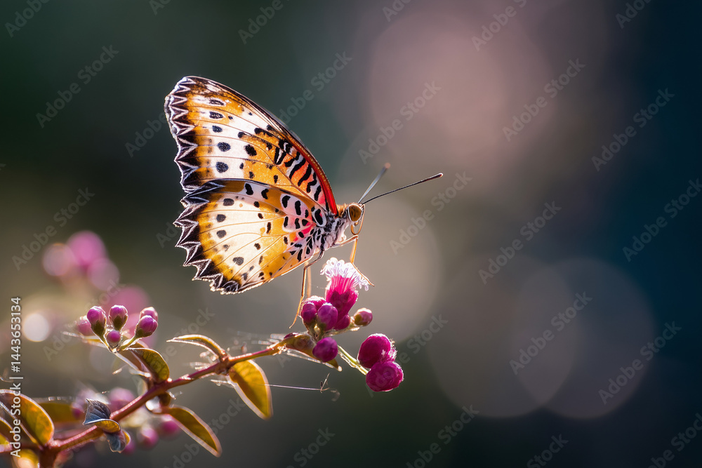 Obraz premium Macro of a butterfly on a flower with soft bokeh background