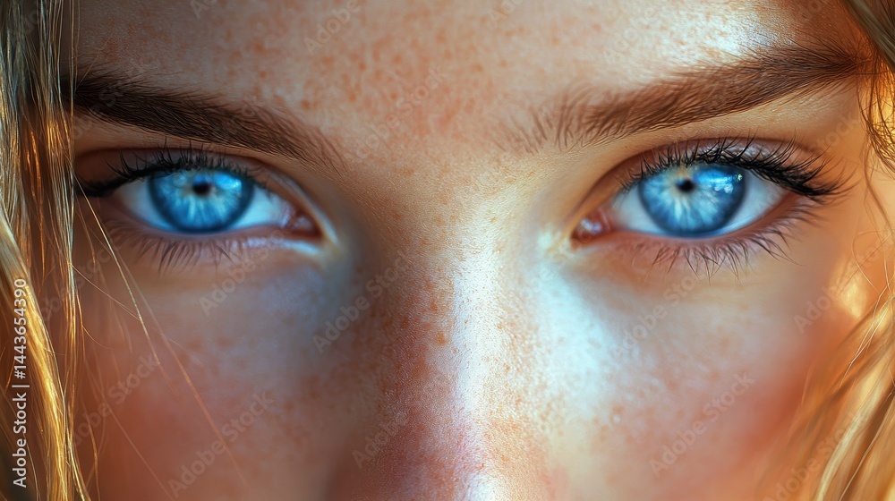 Fototapeta premium Close-up of young female with piercing blue eyes and freckles