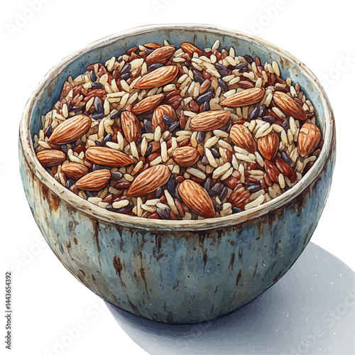 watercolor of Rice Pilaf With Toasted Almonds, vector, isolated on a white background.