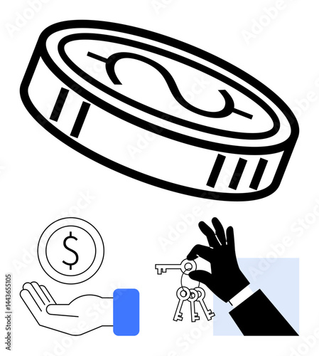 Dollar coin, open hand holding dollar symbol, and hand exchanging keys. Ideal for finance, investment, banking, property rental, transaction, business deal simple landing page