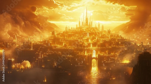The New Jerusalem: A golden city descending from heaven, with streets of gold and gates made of pearls.