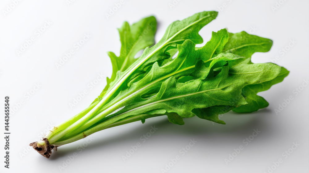 Obraz premium Fresh arugula leaves with vibrant green color, showcasing their unique shape and texture on plain white surface, evoke sense of freshness and healthiness