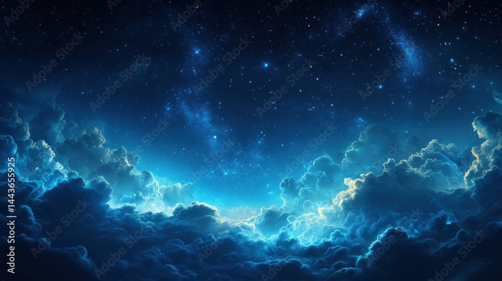 Starlit night sky over illuminated clouds with glowing blue hues Starlit night sky over illuminated clouds with glowing blue hues