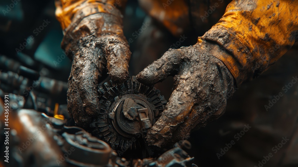 Close-up of mud-covered hands repairing machinery Close-up of mud-covered hands repairing machinery