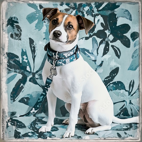 Jack russell terrier dog with patterned collar on floral background