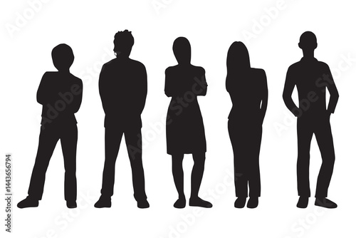 Business people, set of vector silhouettes. Vector silhouettes of men and a women, a group of standing business people, black color isolated on white background.