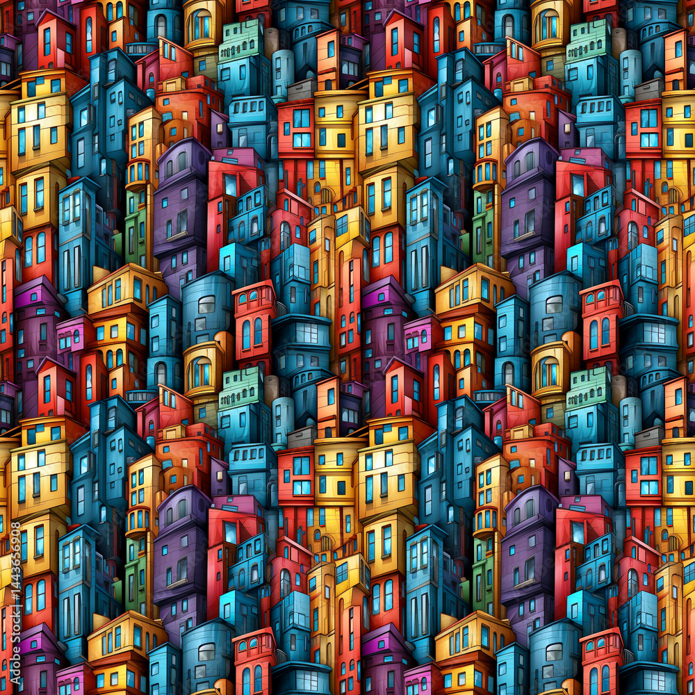 Fototapeta premium Seamless pattern of colorful urban buildings in cartoon style, densely packed and vibrant