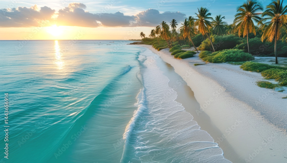 Tropical beach with palm trees, white sand, and turquoise waves at sunrise