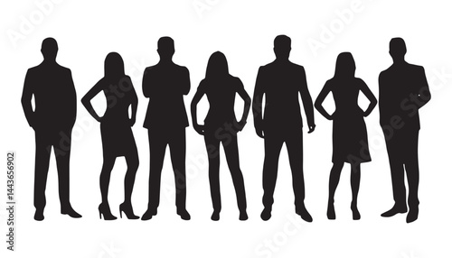 Business people, set of vector silhouettes. Vector silhouettes of men and a women, a group of standing business people, black color isolated on white background.