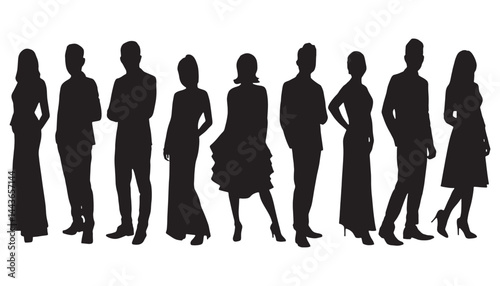 Business people, set of vector silhouettes. Vector silhouettes of men and a women, a group of standing business people, black color isolated on white background.