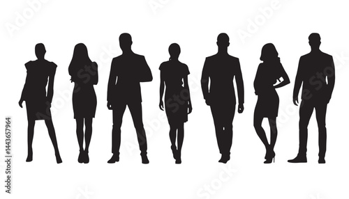 Business people, set of vector silhouettes. Vector silhouettes of men and a women, a group of standing business people, black color isolated on white background.