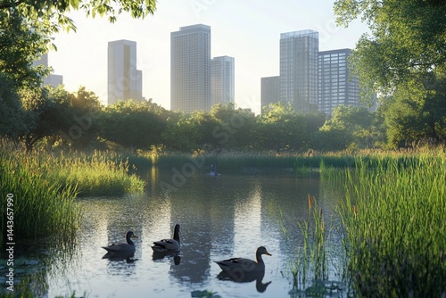 Pond in the middle of a city park with ducks and people enjoying the peaceful atmosphere