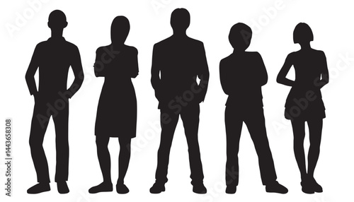 Business people, set of vector silhouettes. Vector silhouettes of men and a women, a group of standing business people, black color isolated on white background.