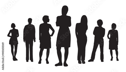 Business people, set of vector silhouettes. Vector silhouettes of men and a women, a group of standing business people, black color isolated on white background.