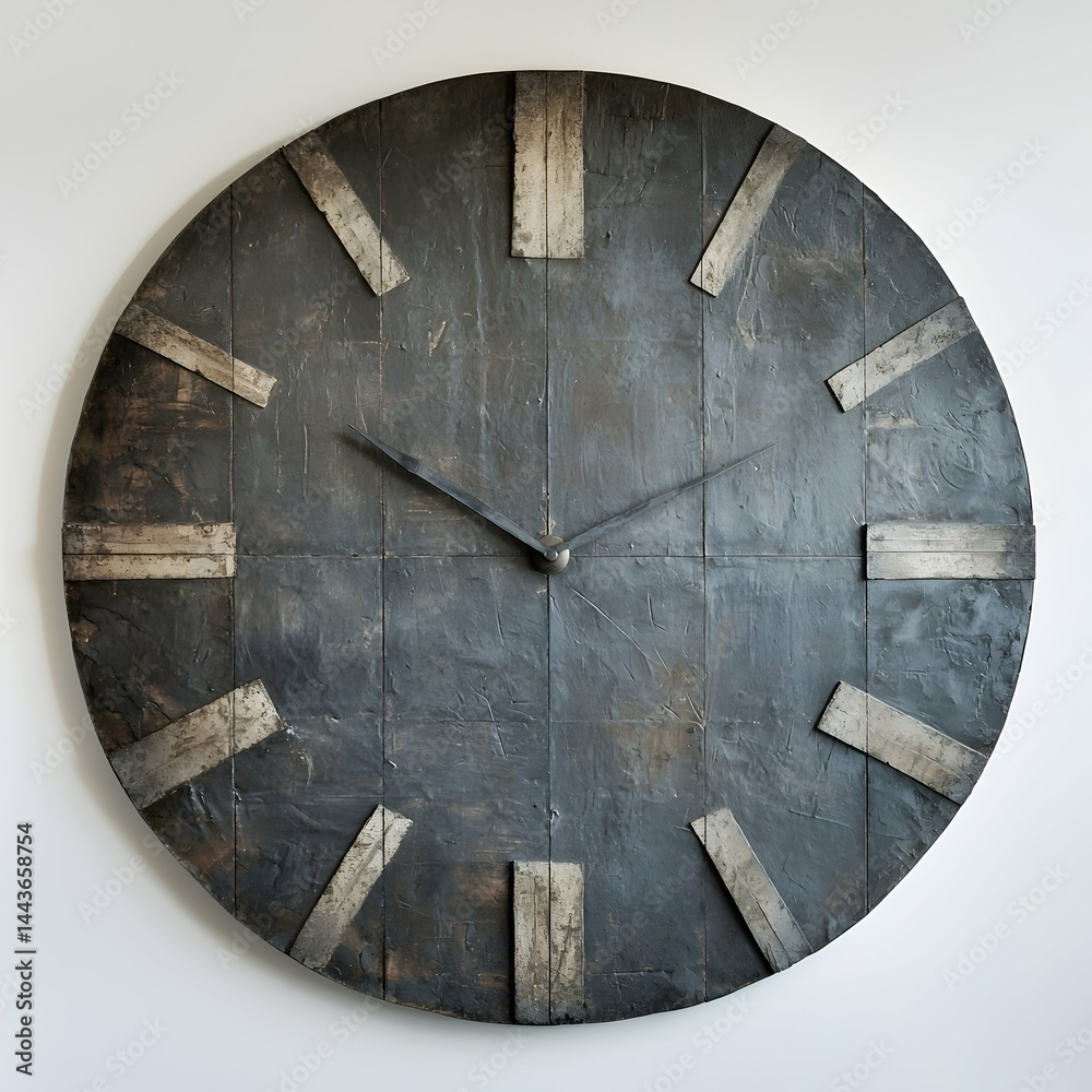 Fototapeta premium Large rustic wall clock, slate-grey design, simple hands, minimalist background; ideal for home decor