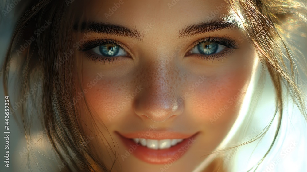 Fototapeta premium Close-up portrait of young caucasian female with freckled skin and blue eyes smiling