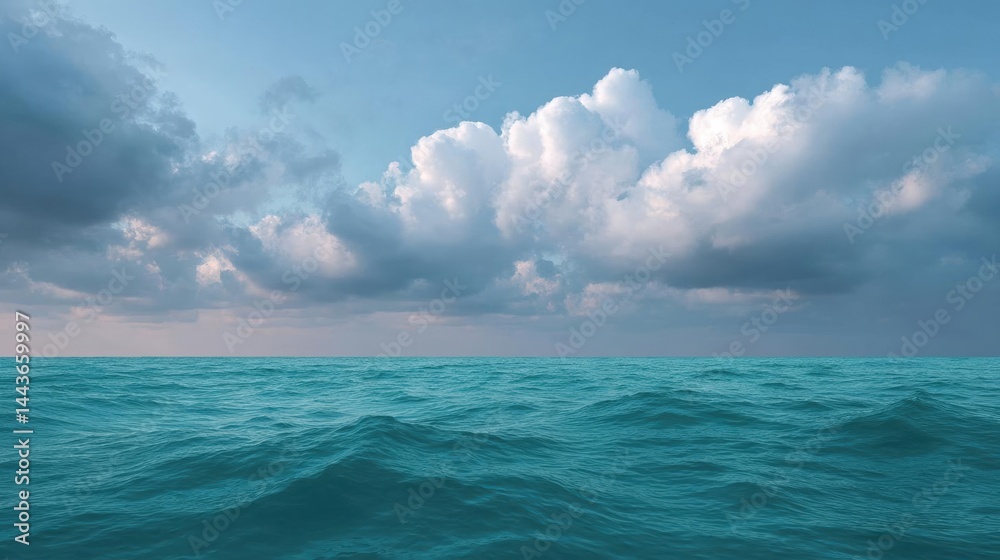 Obraz premium Landscape photograph of the ocean. the sky is a deep blue with a few white clouds scattered across it. the clouds are large and fluffy, and they appear to be floating above the water.