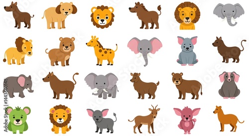 Cartoon Animal Set with Lion, Elephant, Dog and More