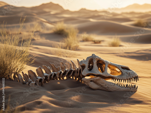 Dinosaur skeleton resting in a desert landscape at sunset