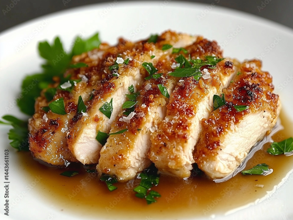 Sliced breaded chicken breast with parsley and au jus on white plate Sliced breaded chicken breast with parsley and au jus on white plate