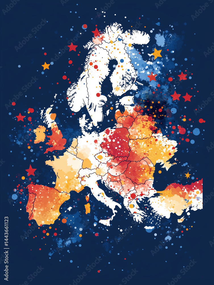 Colorful map of europe with splashes and stars representing diversity and unity
