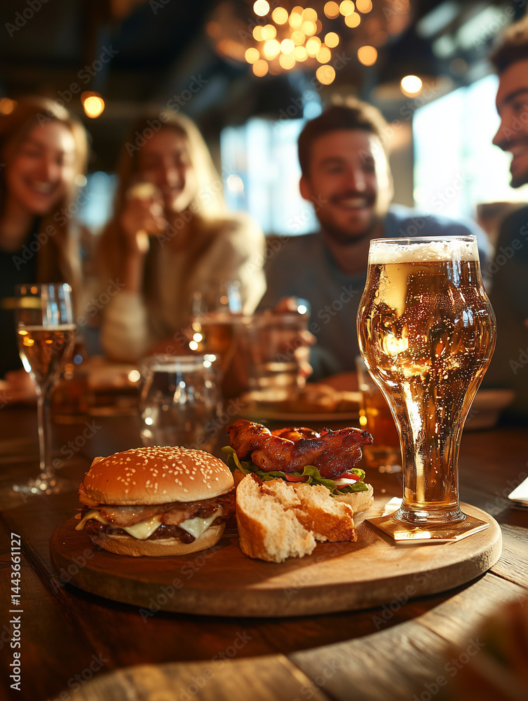 Friends enjoying burgers, beer, and good times at a pub