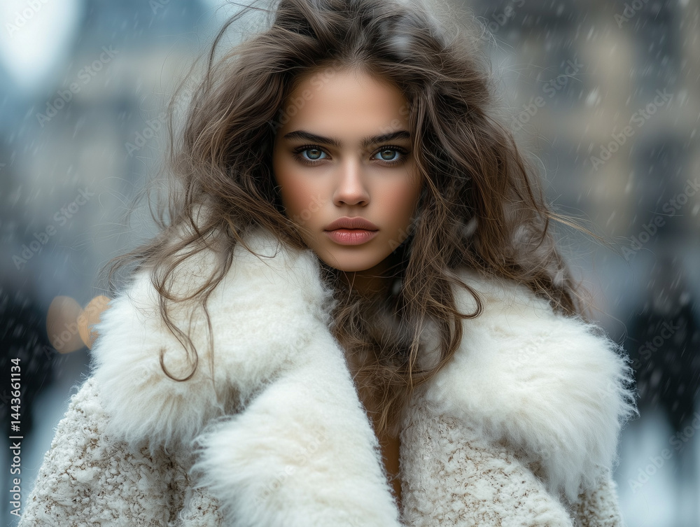 Fashion model posing in fur coat during snowfall in the city