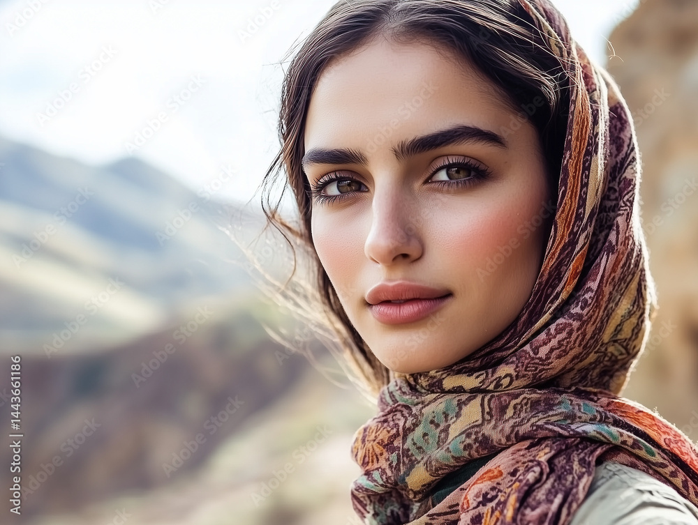Beautiful young woman wearing a headscarf in a mountainous landscape
