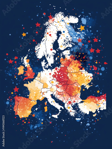 Obraz na płótnie Colorful map of europe with splashes and stars representing diversity and unity w salonie