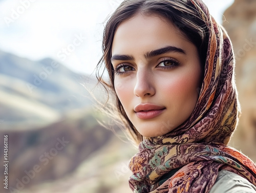 Obraz na płótnie Beautiful young woman wearing a headscarf in a mountainous landscape w salonie
