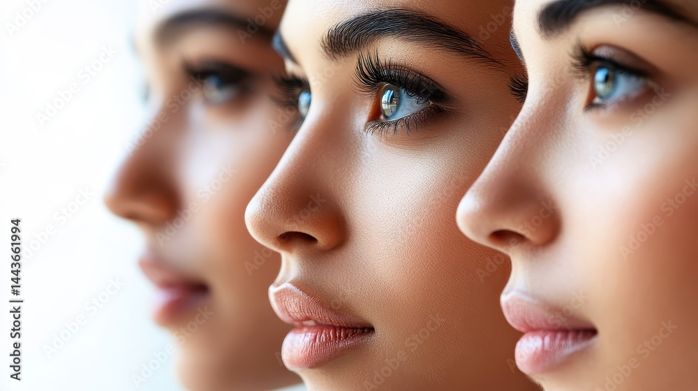 Close-up profile of young hispanic females with smooth skin and lush eyelashes Close-up profile of young hispanic females with smooth skin and lush eyelashes