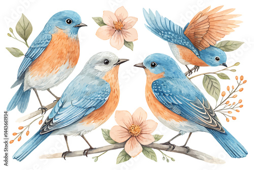 Watercolor illustration featuring a group of bluebirds perched on branches with flowers around them