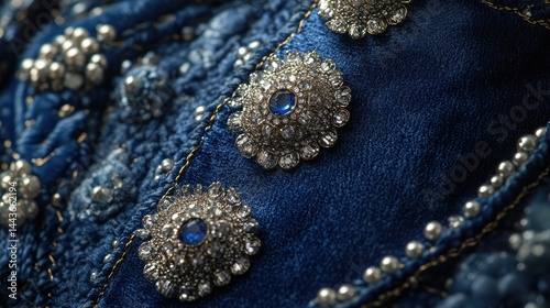 Detailed close-up of embellished denim fabric with decorative buttons