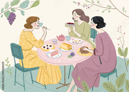 Three women enjoying tea and pastries at a round table in a garden setting with foliage above them