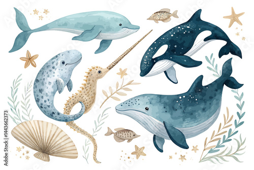 Watercolor illustration of ocean animals including whales dolphin narwhal and seahorse with starfish 100