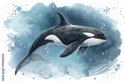 Watercolor painting of an orca swimming in the ocean with stars and a cloudy sky background art