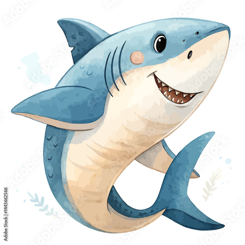 Cartoon illustration of a smiling shark with fins and a tail on a white background art style