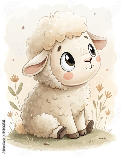 A charming watercolor illustration of a fluffy sheep sitting amidst delicate floral accents and soft hues