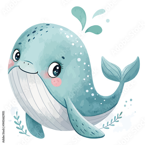 Aquarelle illustration of a cute blue whale with white spots and leaves on a white background image